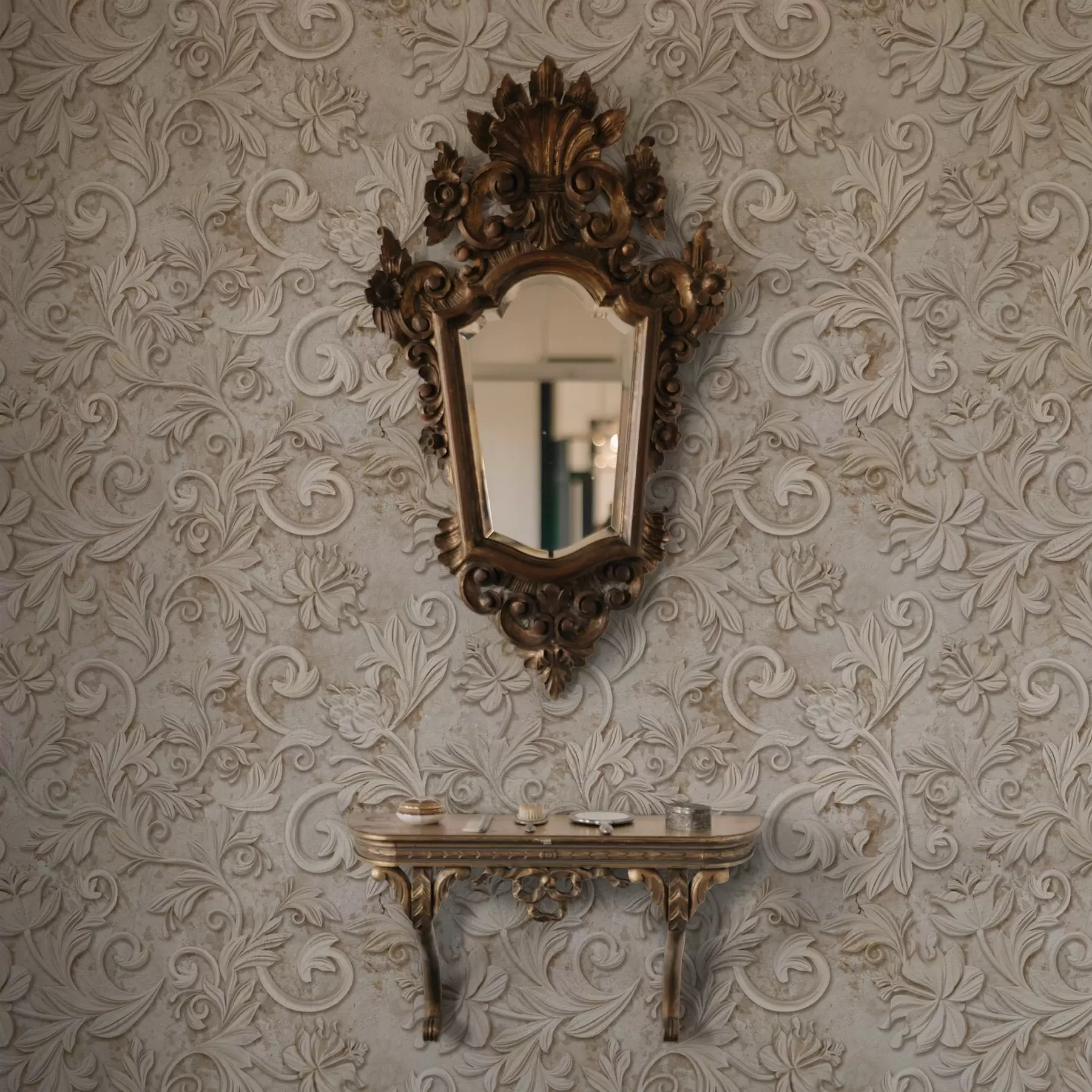 murais de parede Relevo em pedra com arabescos florais, bege vintage a00784