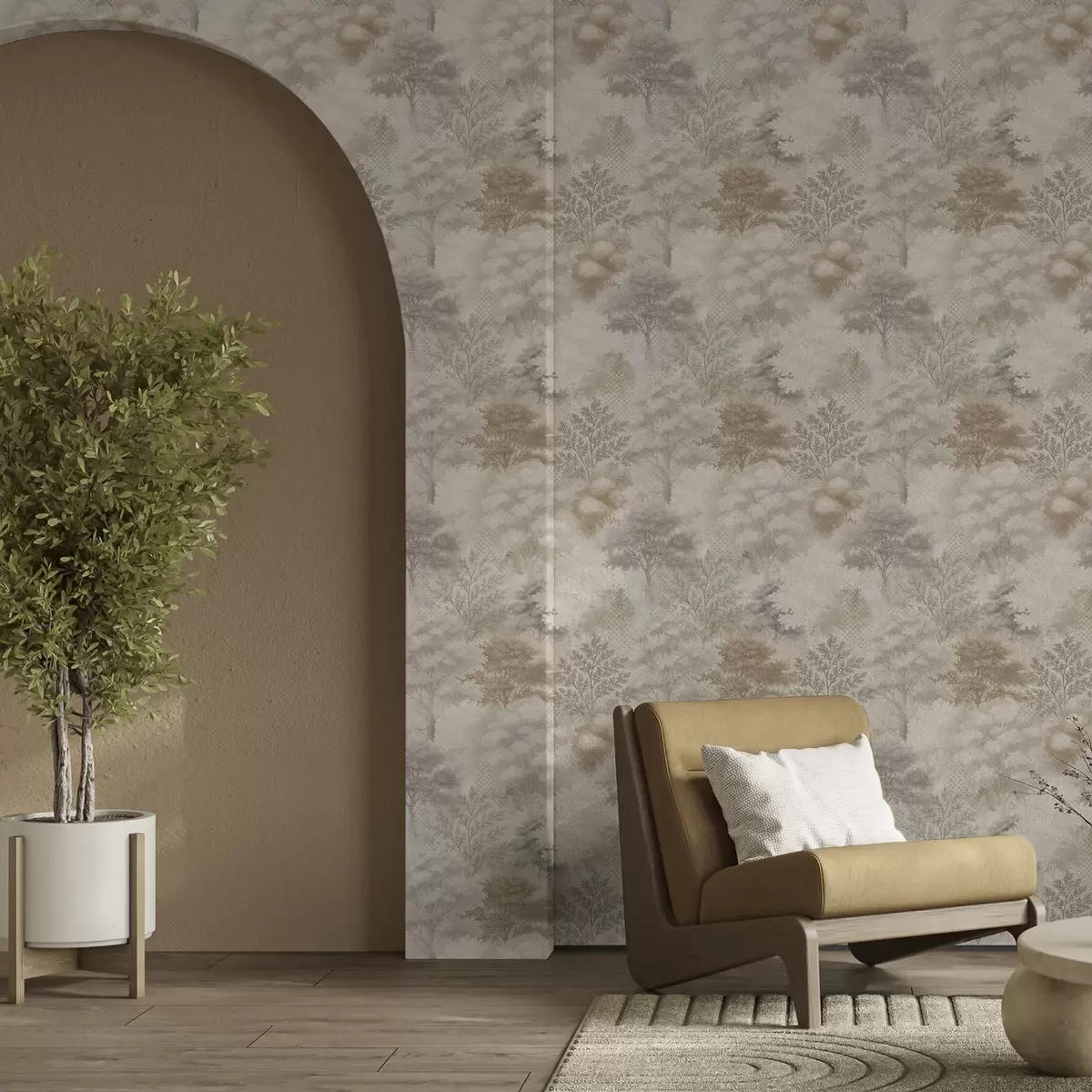 Papel de parede Floresta suave na névoa, tons suaves de bege-cinza a00785