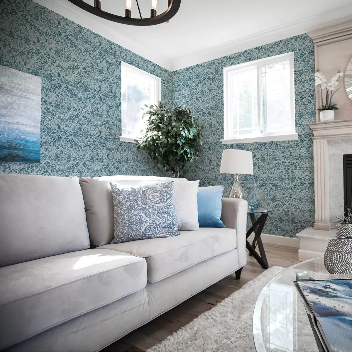 Papel de parede Damasco clássico, azul escuro sobre azul claro a00826