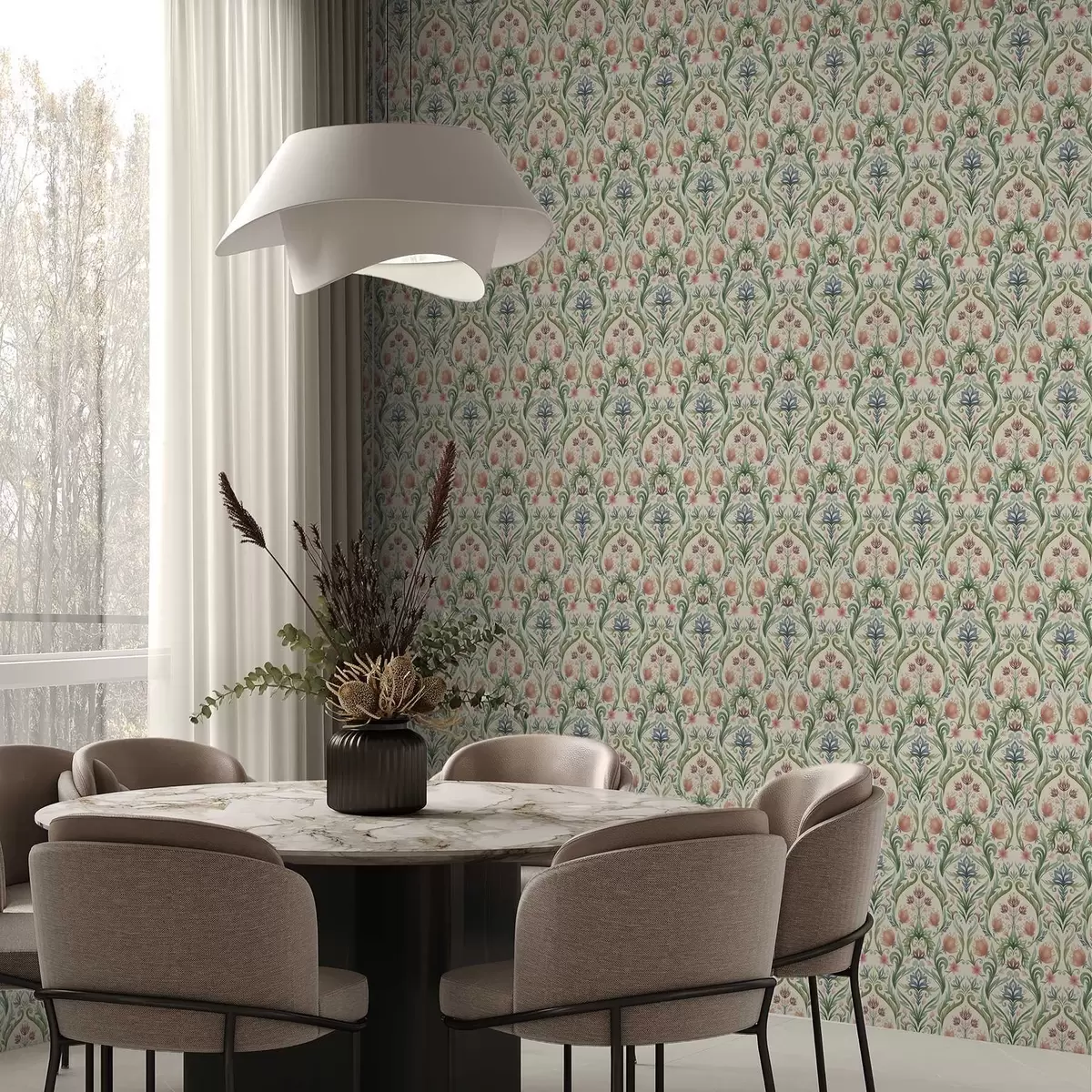 Papel de parede Ornamento floral simétrico, terracota e verde a00827