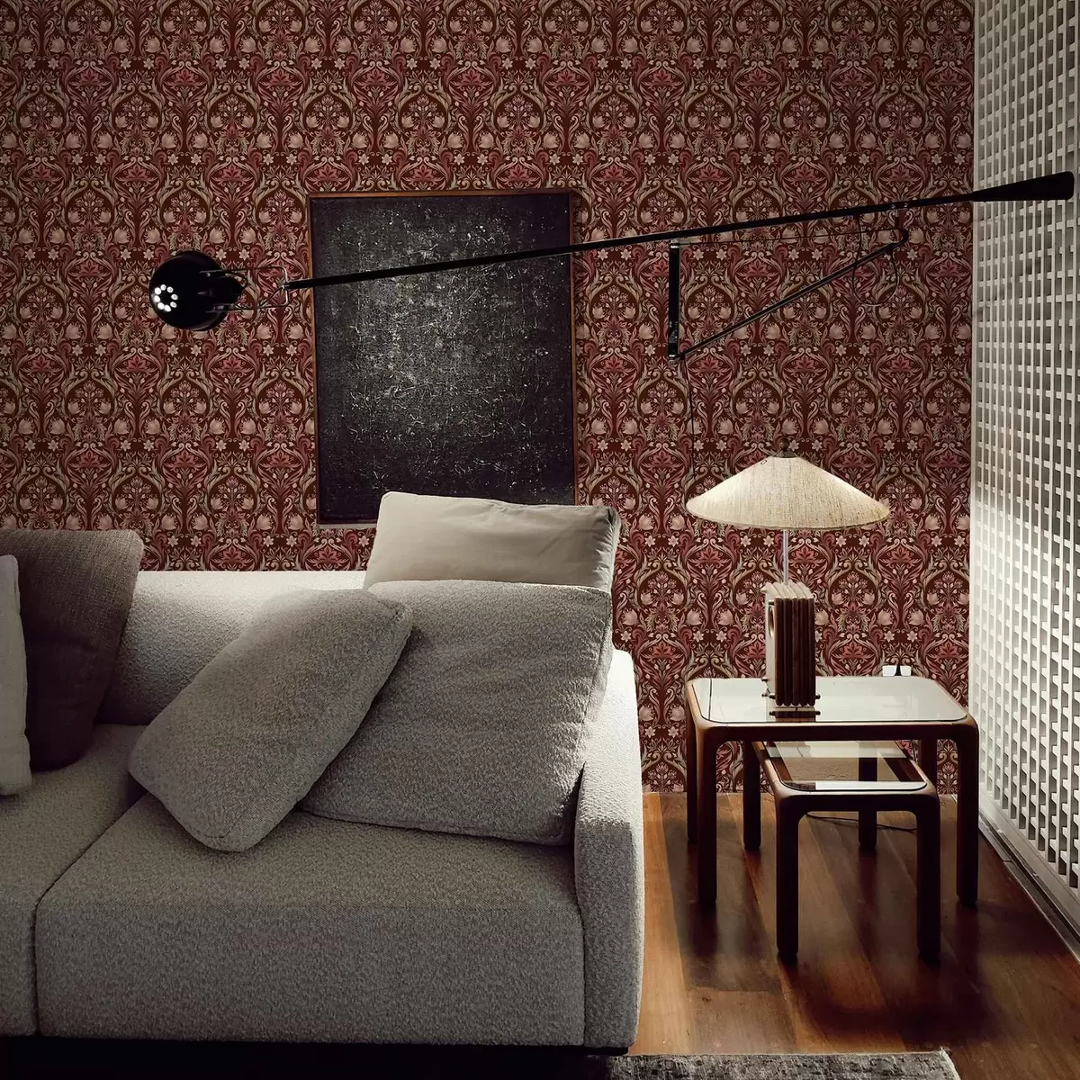 Papel de parede Ornamento em forma de tulipa, fundo bordô intenso a00827v2