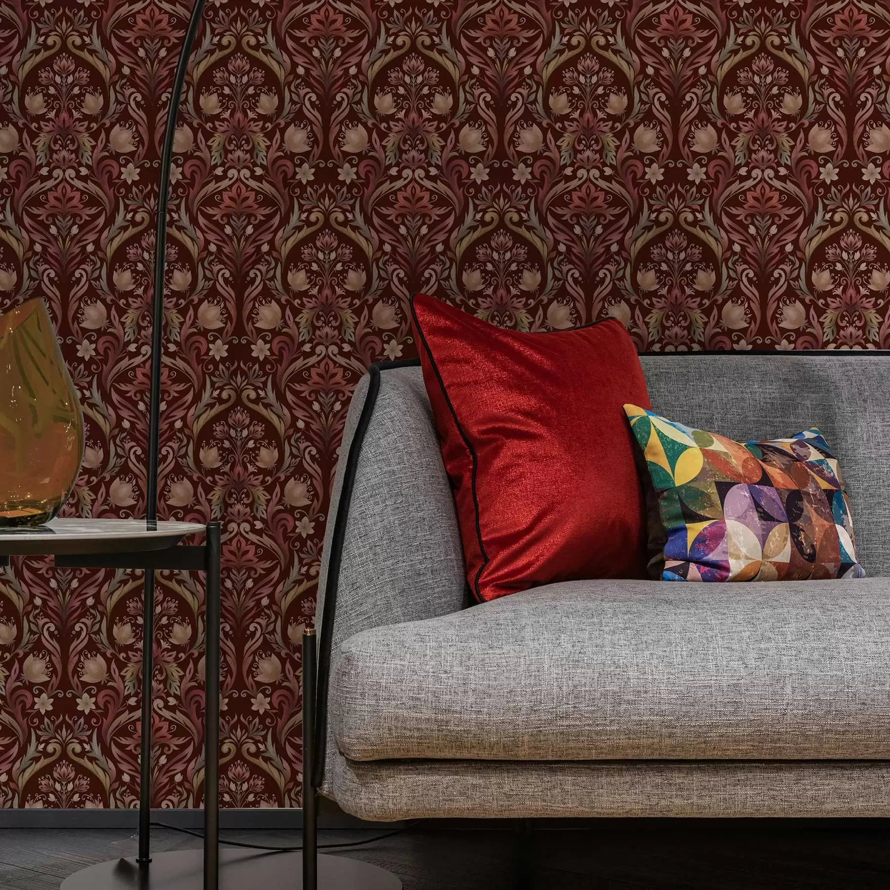 murais de parede Ornamento em forma de tulipa, fundo bordô intenso a00827v2