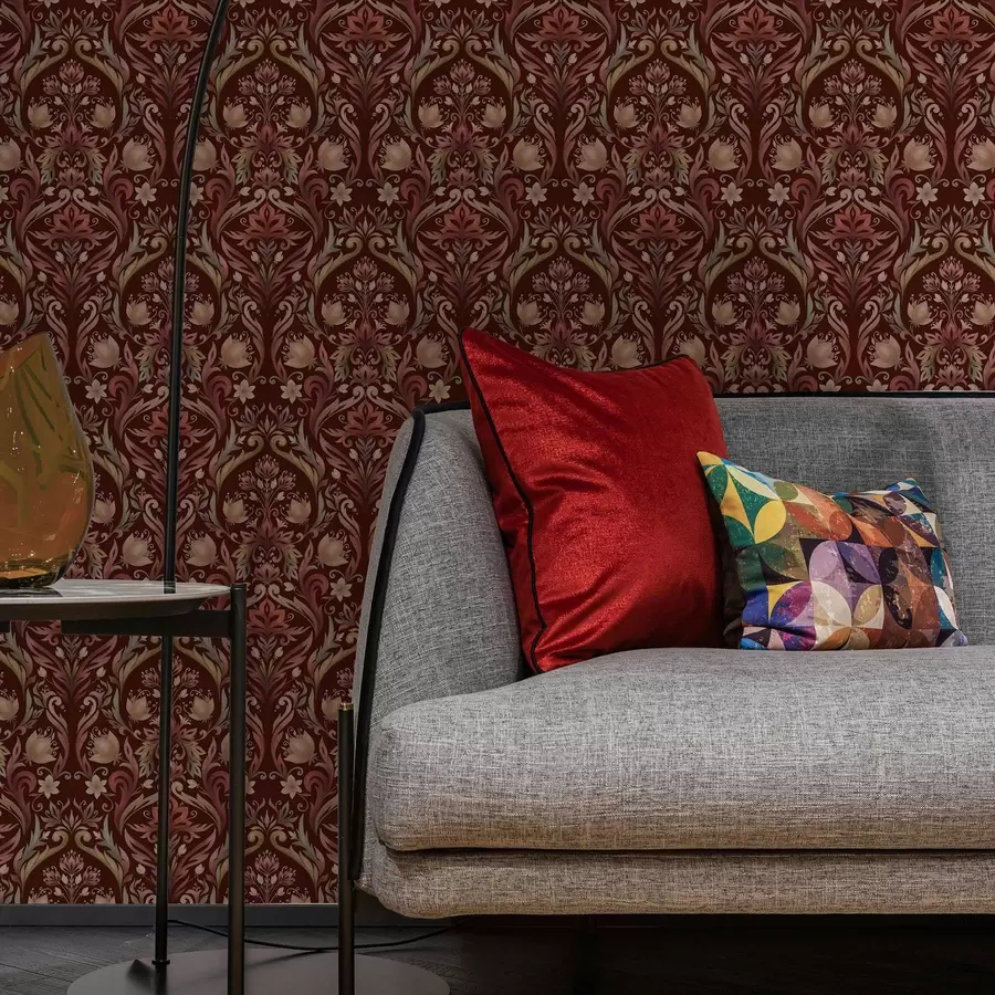 murais de parede Ornamento em forma de tulipa, fundo bordô intenso a00827v2