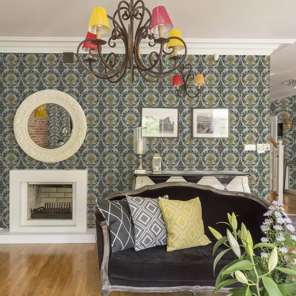 Papel de parede Damasco com volutas verdes sobre fundo claro a00828v1