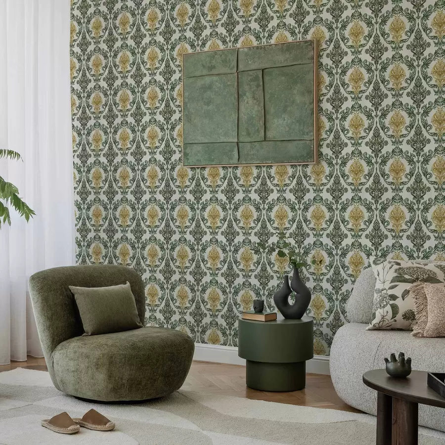 murais de parede Damasco com volutas verdes sobre fundo claro a00828v1
