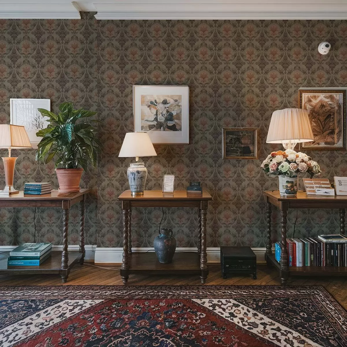 Papel de parede Damasco terracota sobre fundo verde-oliva suave a00828v3