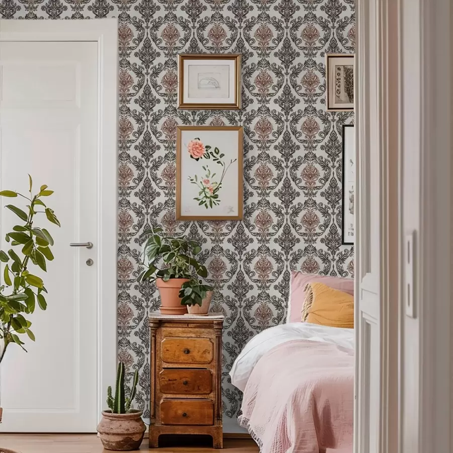 murais de parede Damasco com detalhes em castanho-cobre sobre fundo claro a00828v4