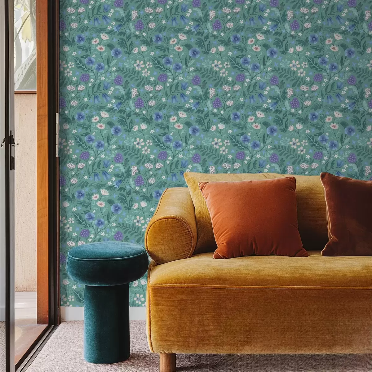 Papel de parede Flores silvestres e bagas sobre fundo suave em tons de menta a00849