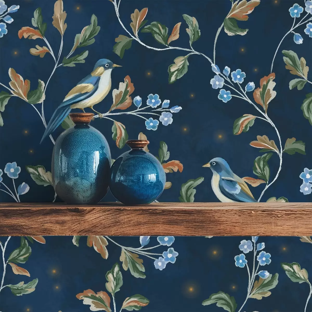 Papel de parede Seios em galhos, fundo azul noturno com faíscas a00858