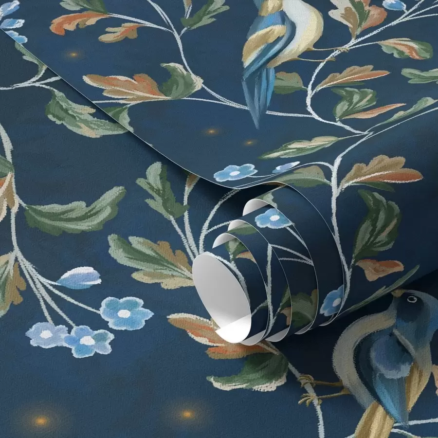 murais de parede Seios em galhos, fundo azul noturno com faíscas a00858