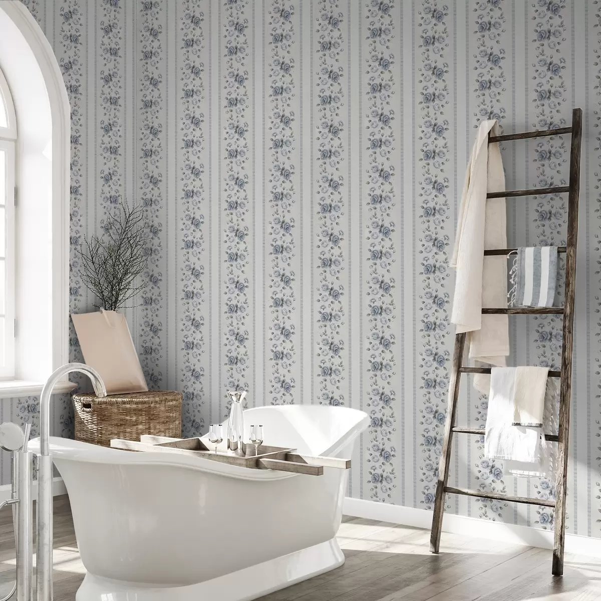 Papel de parede Rosas azuis em faixas verticais sobre um fundo claro a00860