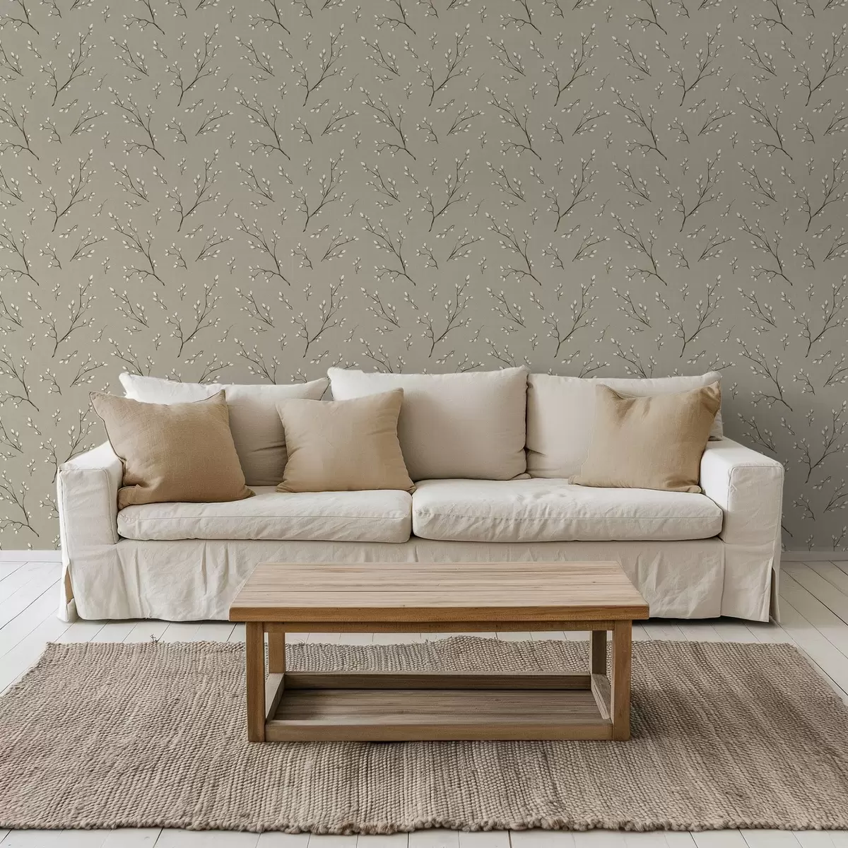 Papel de parede Galhos com botões brancos sobre fundo cinza-claro a00861