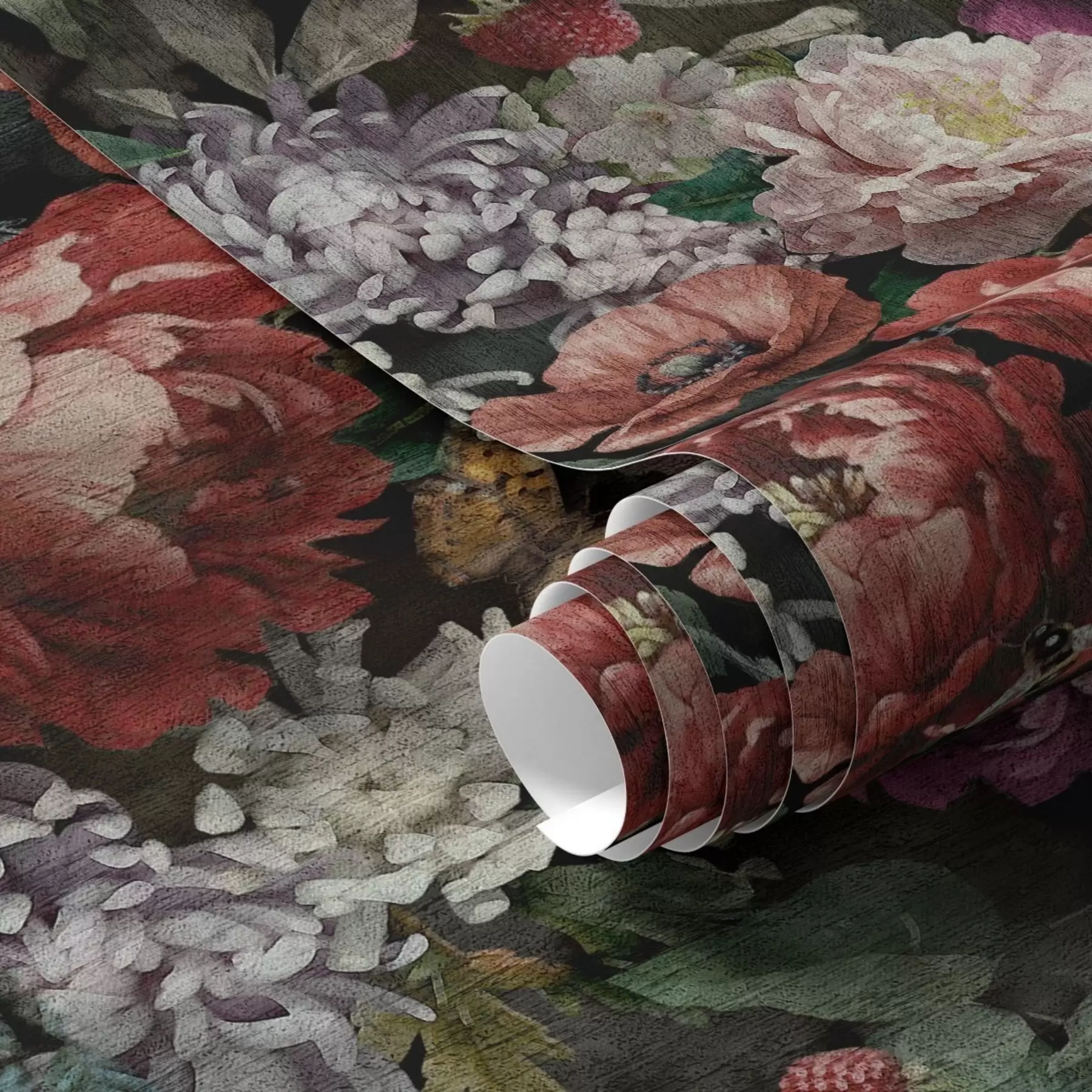 murais de parede Peônias dramáticas escuras, bagas e borboleta sobre fundo preto a00862