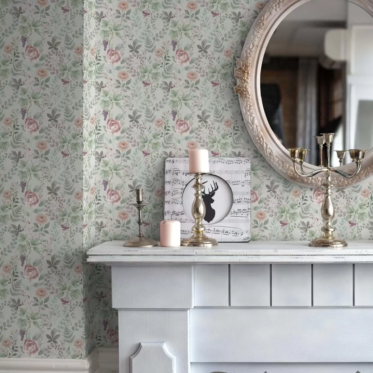 Papel de parede Jardim pastel com rosas, fetos e uvas a00867