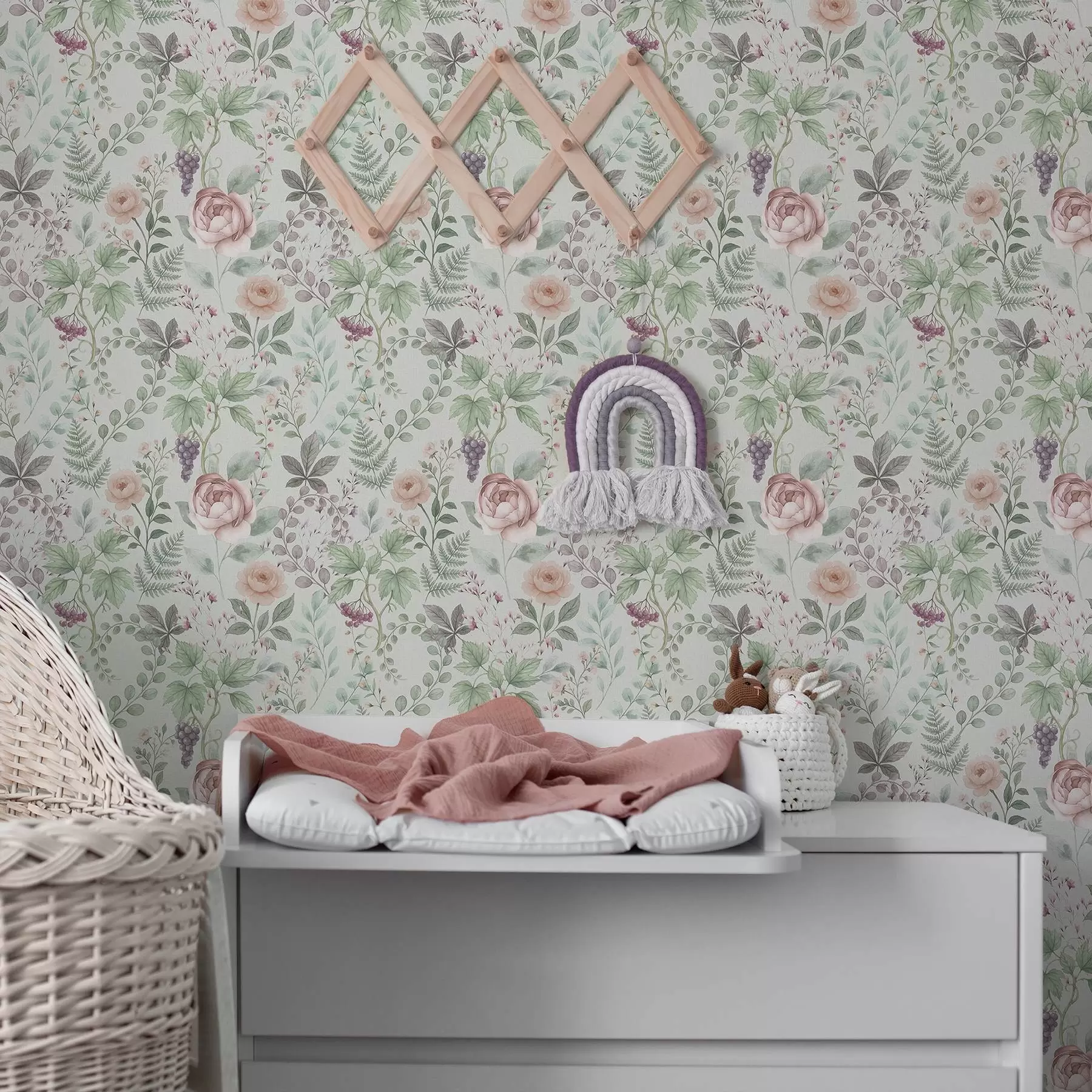 murais de parede Jardim pastel com rosas, fetos e uvas a00867