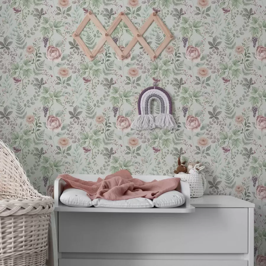 murais de parede Jardim pastel com rosas, fetos e uvas a00867