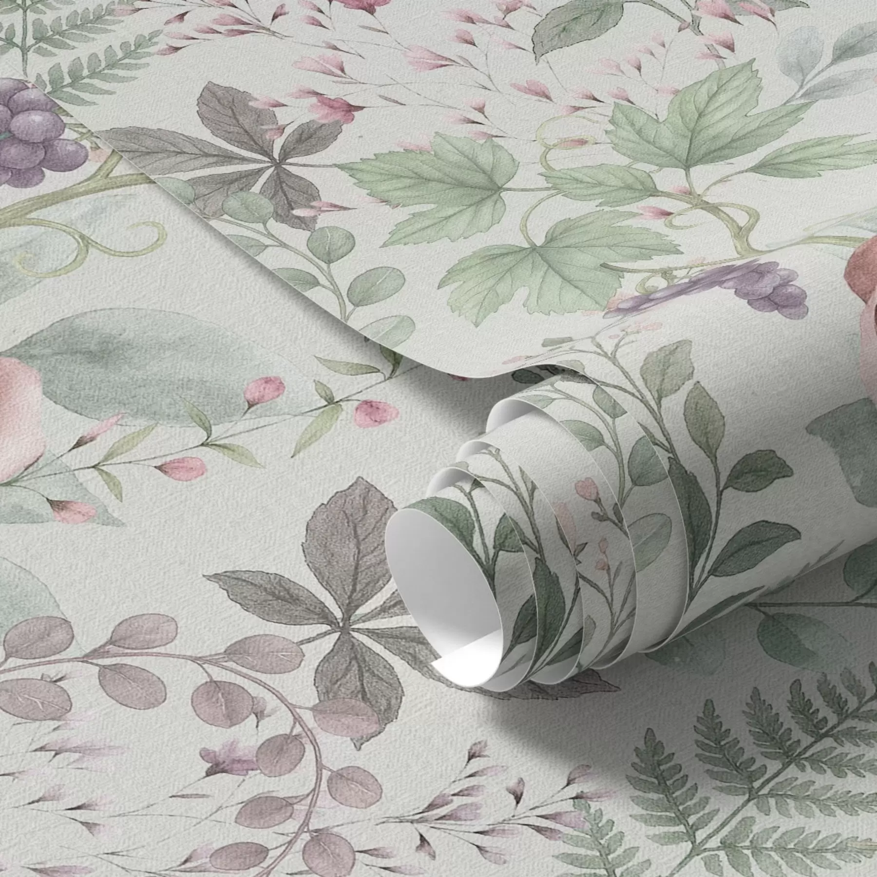murais de parede Jardim pastel com rosas, fetos e uvas a00867