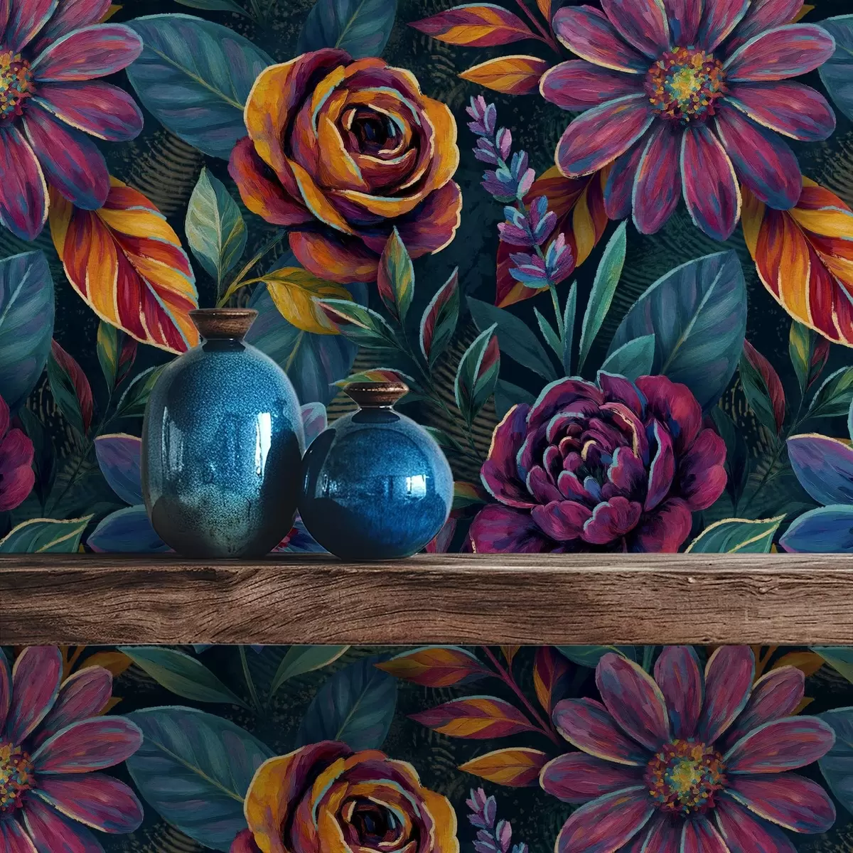 Papel de parede Flores vibrantes em tons de joias sobre um fundo azul-marinho profundo a00871