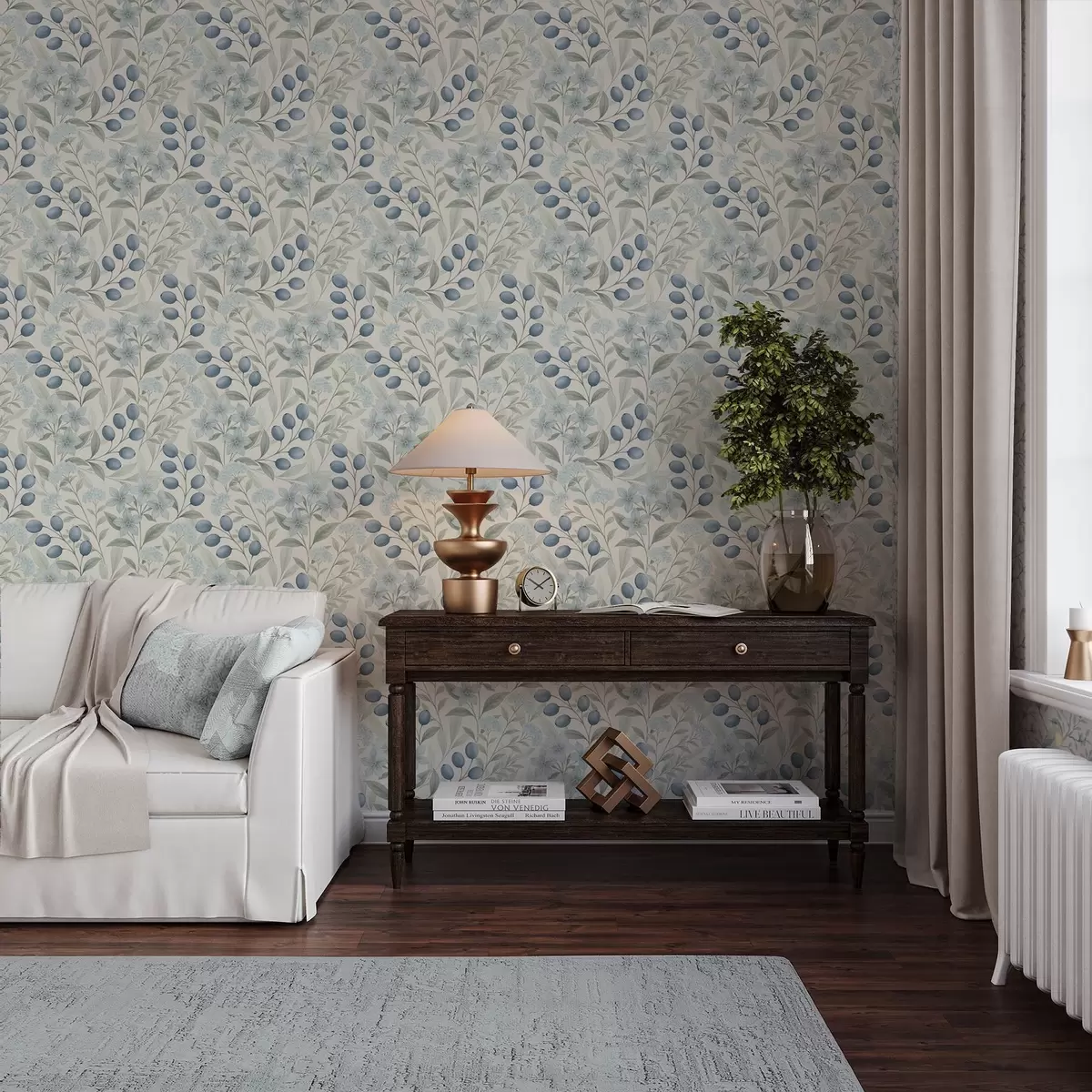 Papel de parede Mirtilos azuis e flores claras sobre marfim a00872