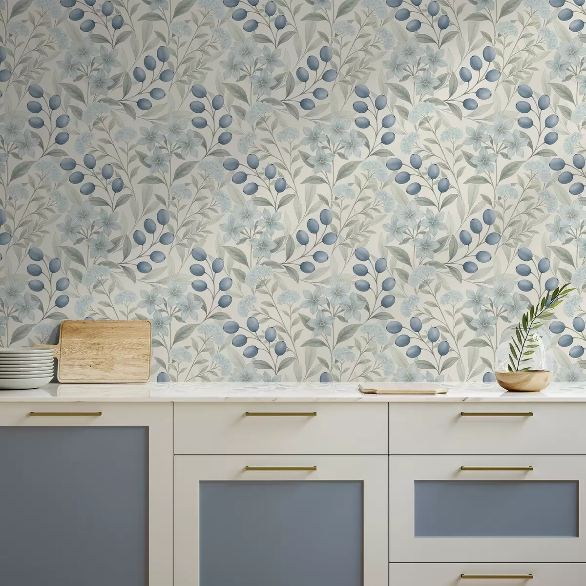 Papel de parede Mirtilos azuis e flores claras sobre marfim a00872