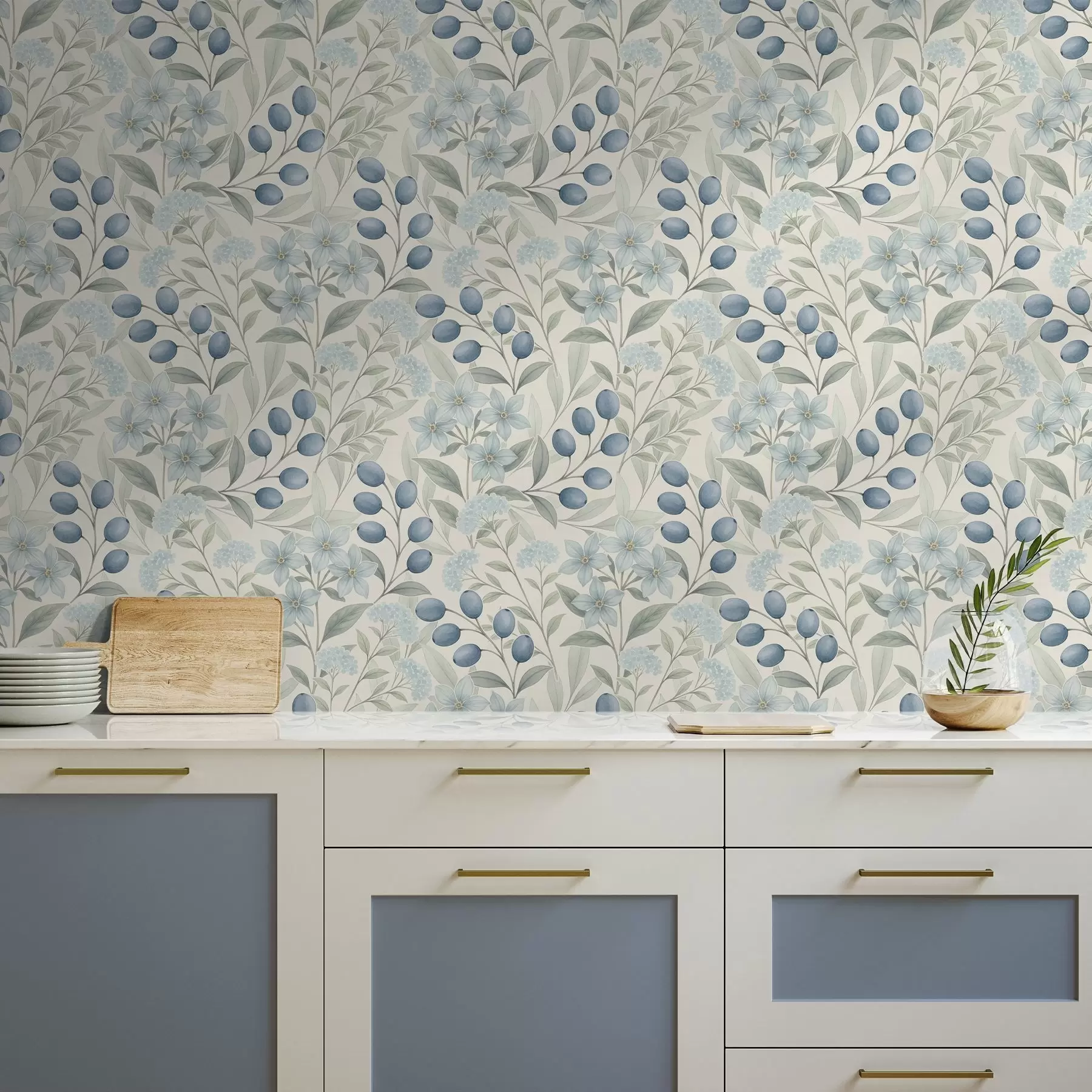 murais de parede Mirtilos azuis e flores claras sobre marfim a00872