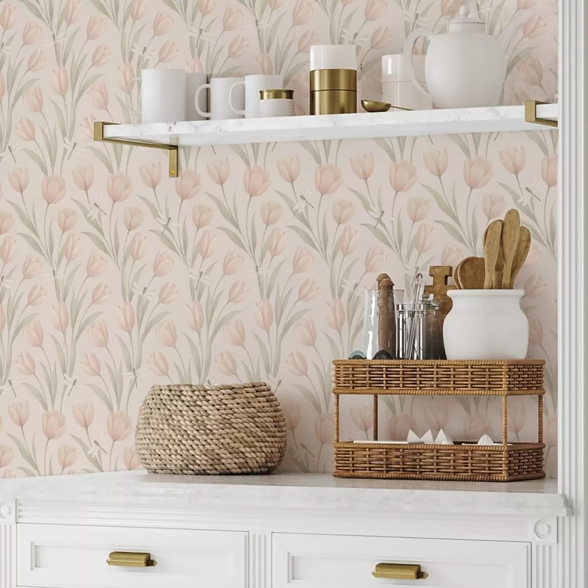 Papel de parede Tulipas em tons pastel com libélulas em rosa claro a00876