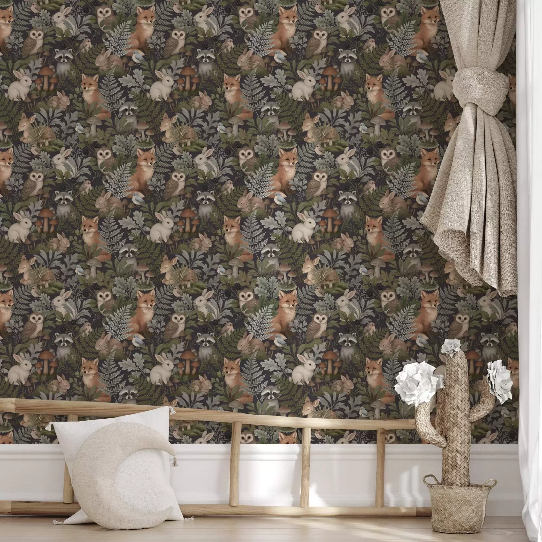 murais de parede Animais da floresta e fetos em carvão vegetal escuro a00880