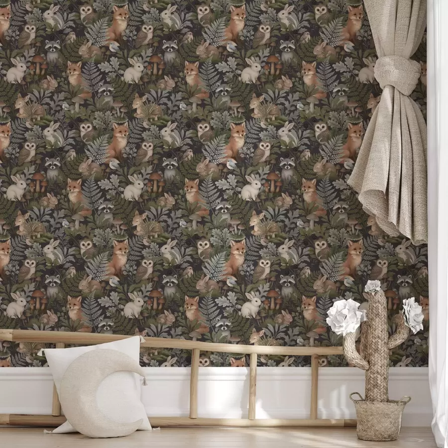 murais de parede Animais da floresta e fetos em carvão vegetal escuro a00880