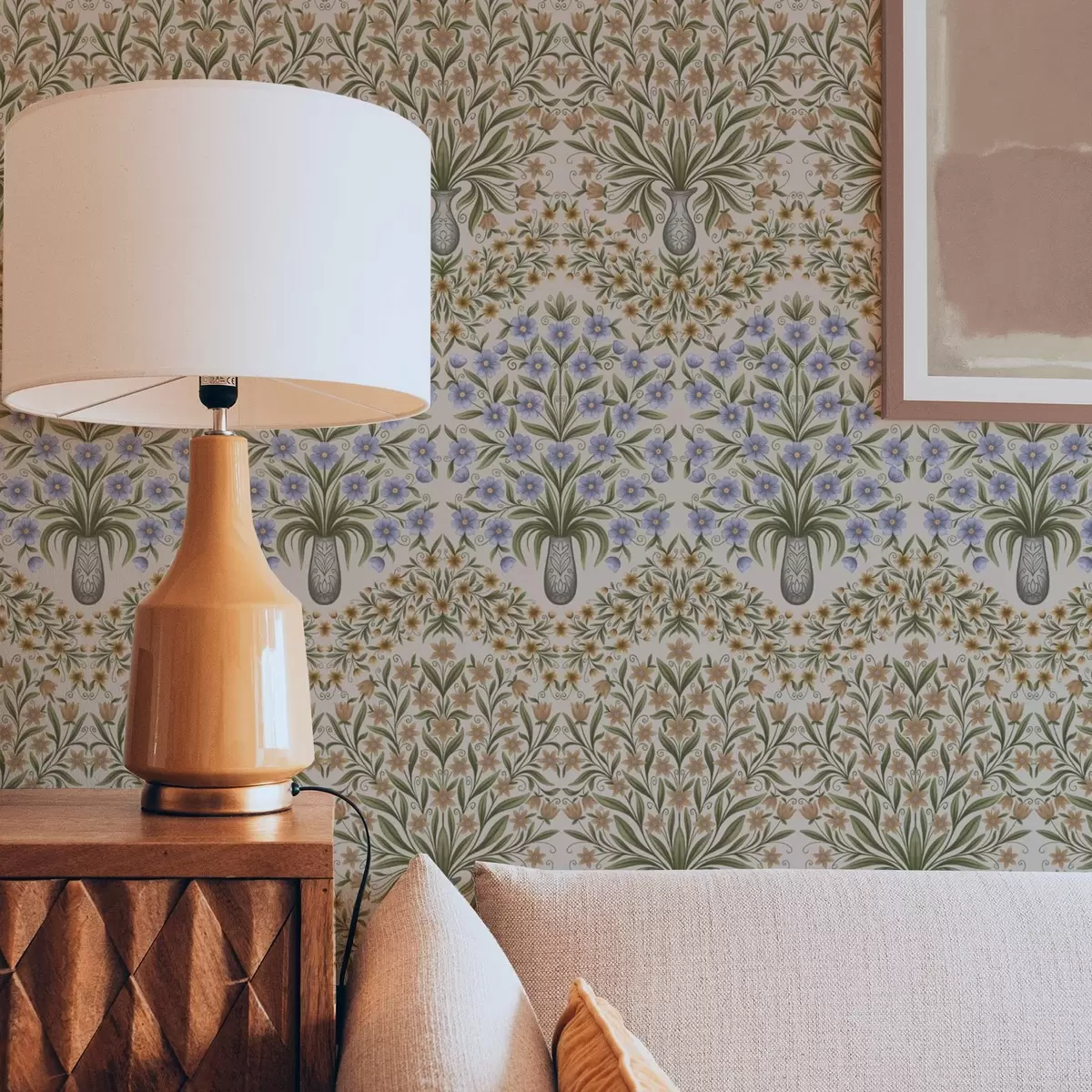 Papel de parede Vasos folclóricos com flores azuis e folhas de oliveira em tons rosados a00900