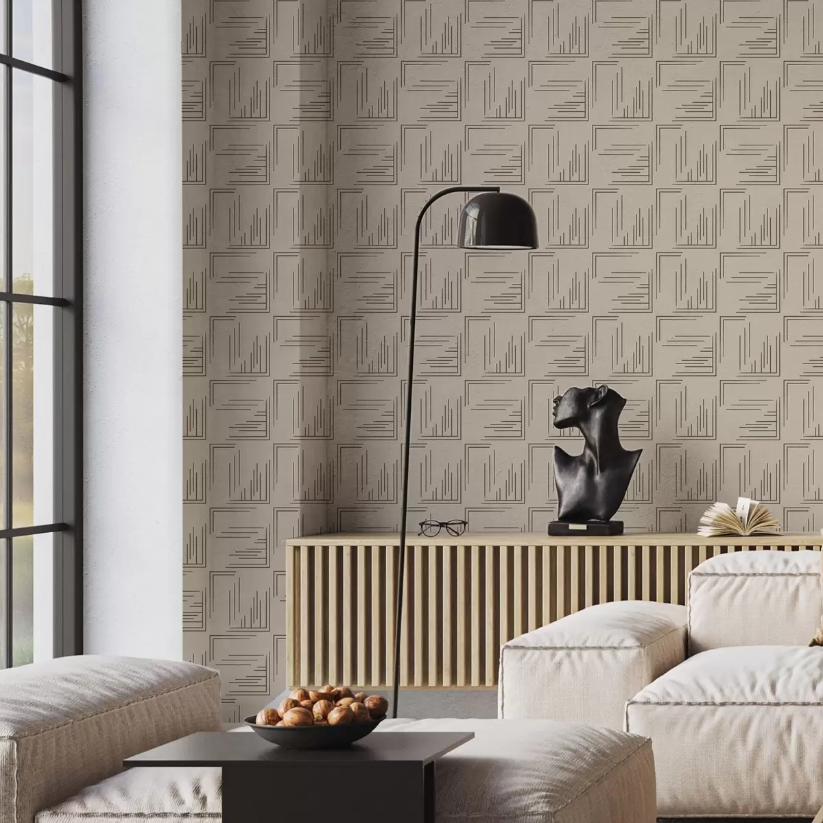 Papel de parede Grandes quadrados de canto em tom cacau com preenchimentos de linhas variadas, areia a00913
