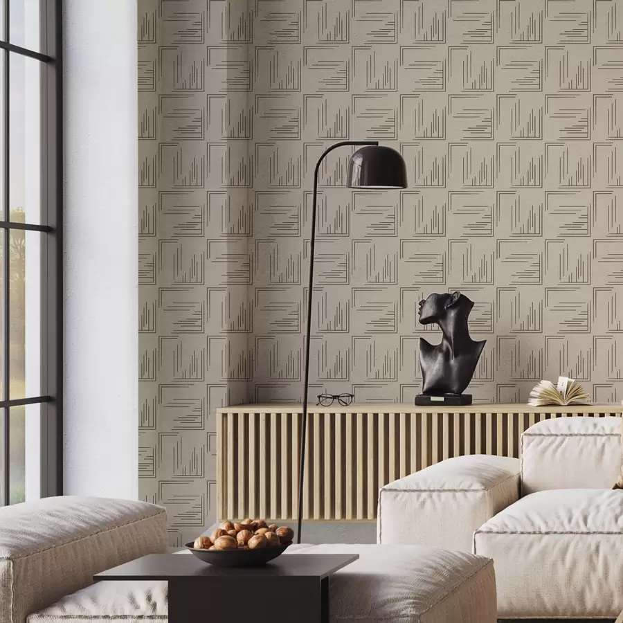 murais de parede Grandes quadrados de canto em tom cacau com preenchimentos de linhas variadas, areia a00913