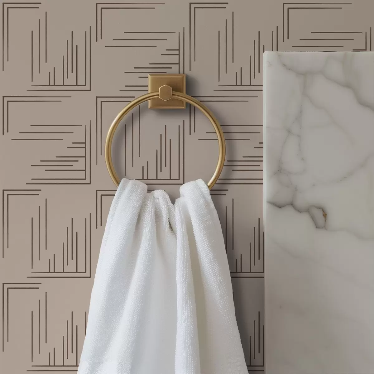 Papel de parede Grandes quadrados de canto em tom cacau com preenchimentos de linhas variadas, areia a00913