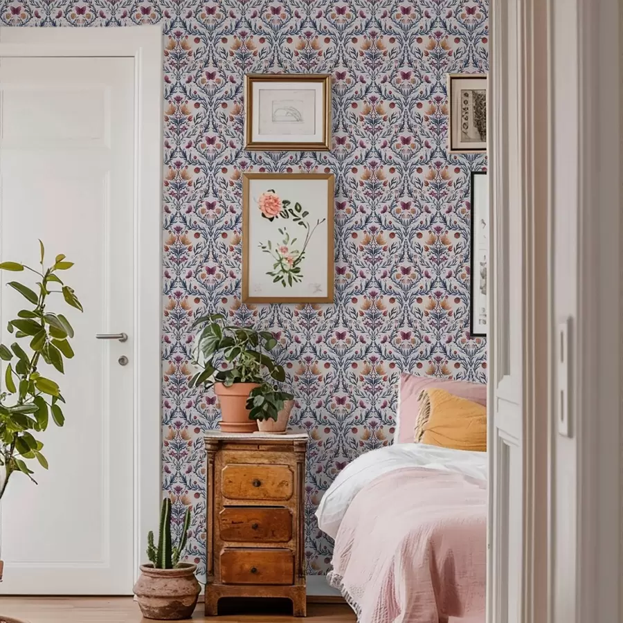 murais de parede Damasco floral com borboletas em azul-marinho e terracota sobre fundo branco a00926v1