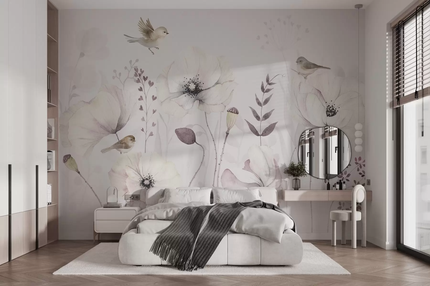 murais de parede Papoilas em aquarela com pequenos pássaros em tom malva suave w04861