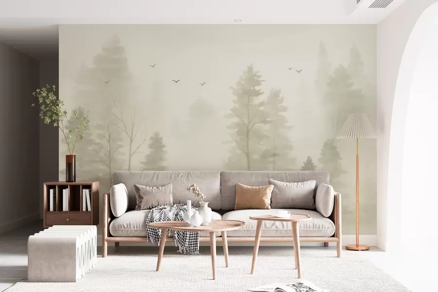 murais de parede floresta aérea em tons de bege, ao estilo aquarela w04872