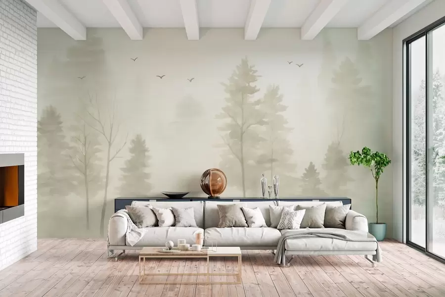 murais de parede floresta aérea em tons de bege, ao estilo aquarela w04872