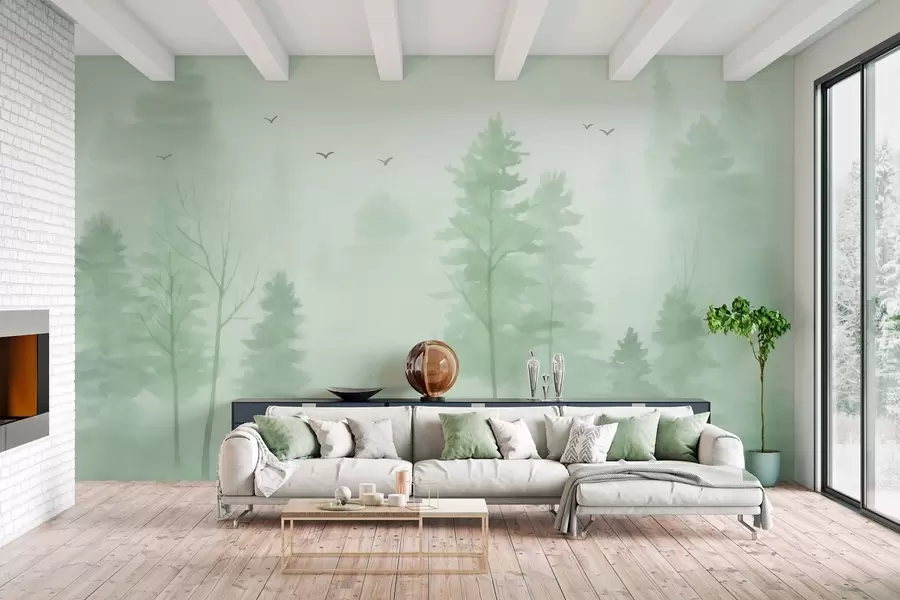 murais de parede floresta aérea em tons de verde, estilo aquarela w04872v1