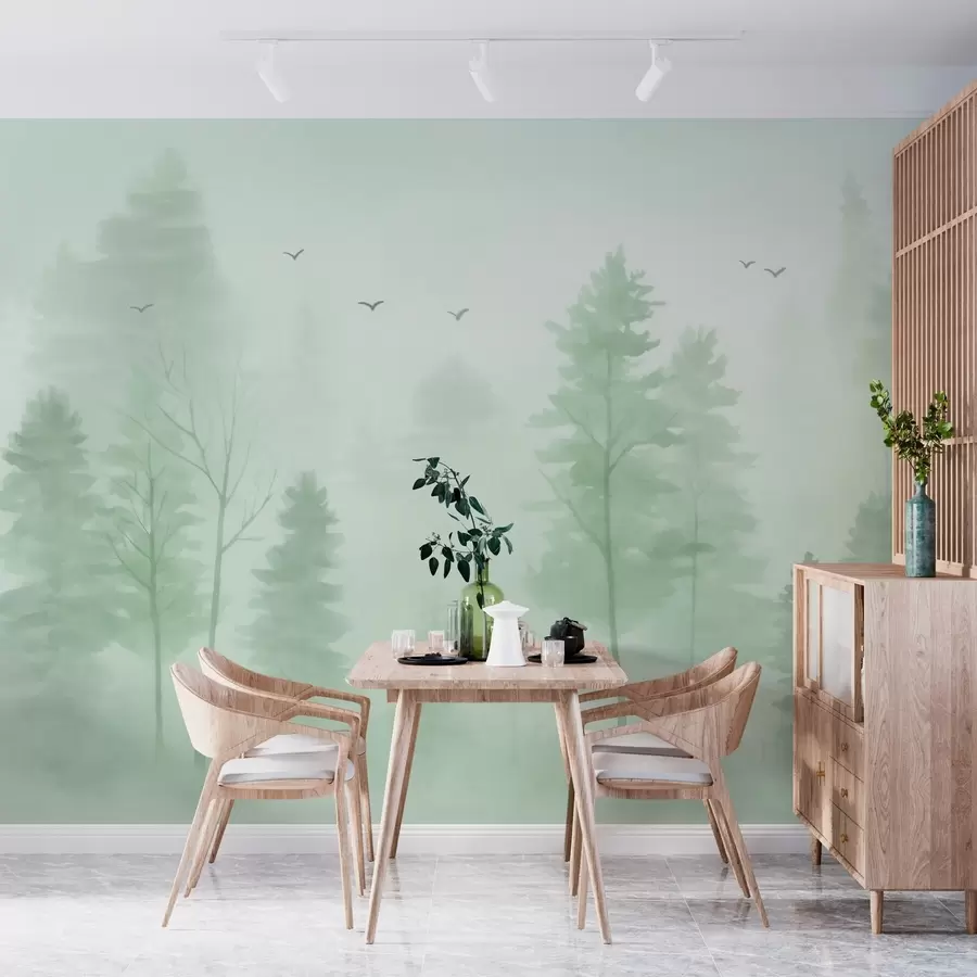 murais de parede floresta aérea em tons de verde, estilo aquarela w04872v1
