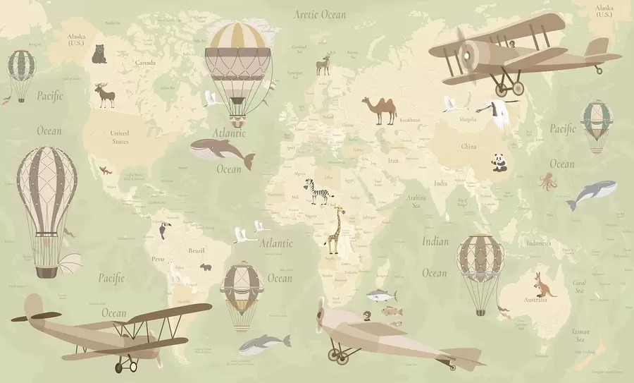 murais de parede Mapa-múndi infantil com animais, aviões e balões de ar quente. Em inglês. Cor verde c00003env2