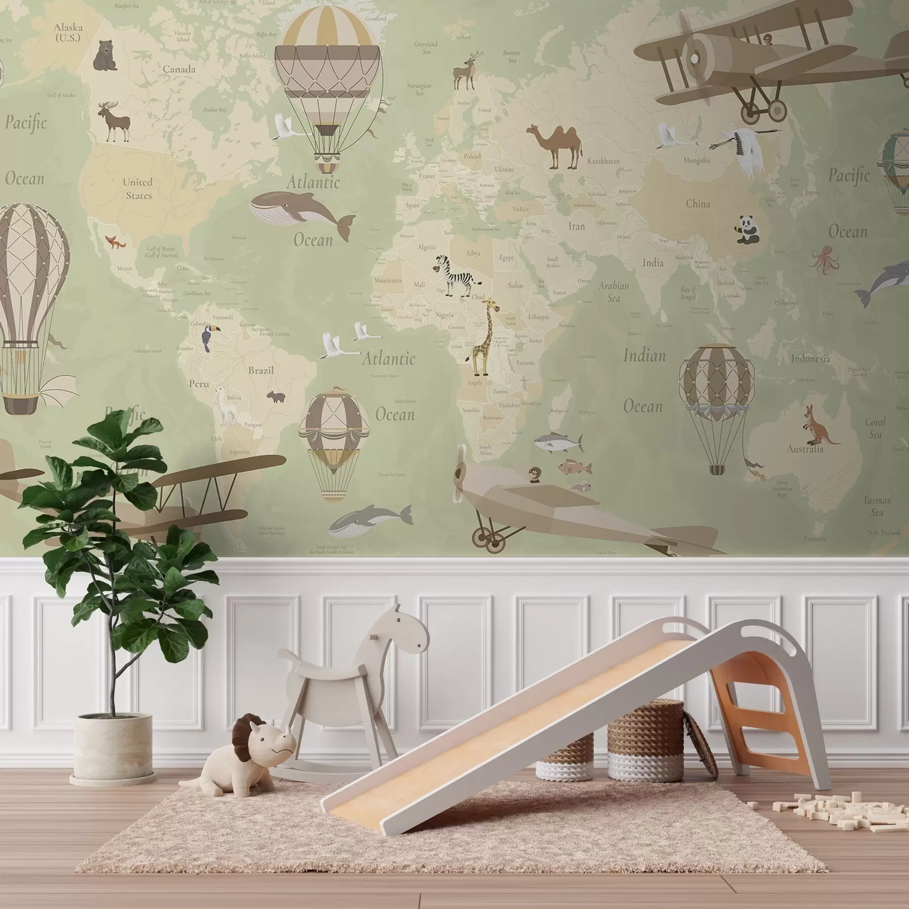 murais de parede Mapa-múndi infantil com animais, aviões e balões de ar quente. Em inglês. Cor verde c00003env2