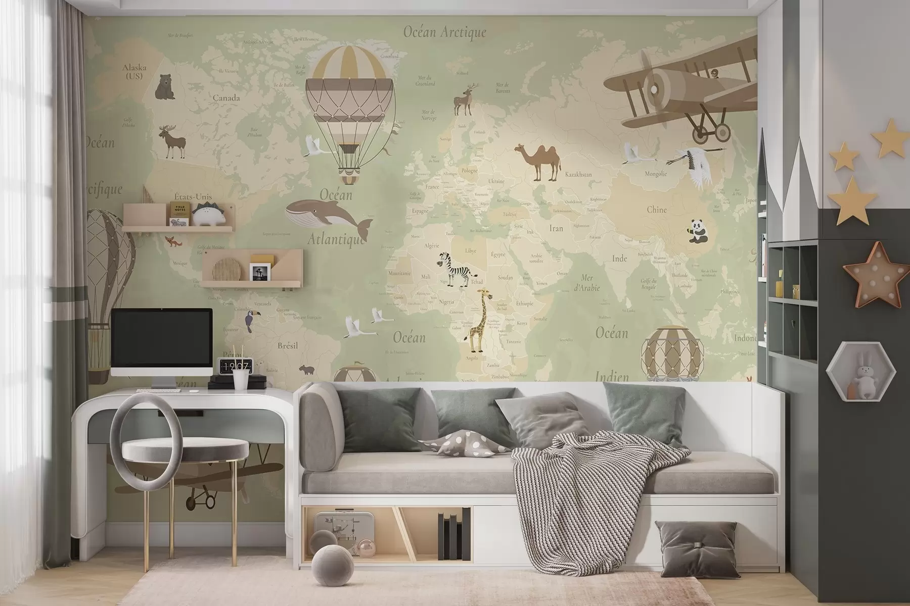 murais de parede Mapa-múndi para crianças com animais, aviões e balões de ar quente. Em francês. Cor verde. c00003frv2