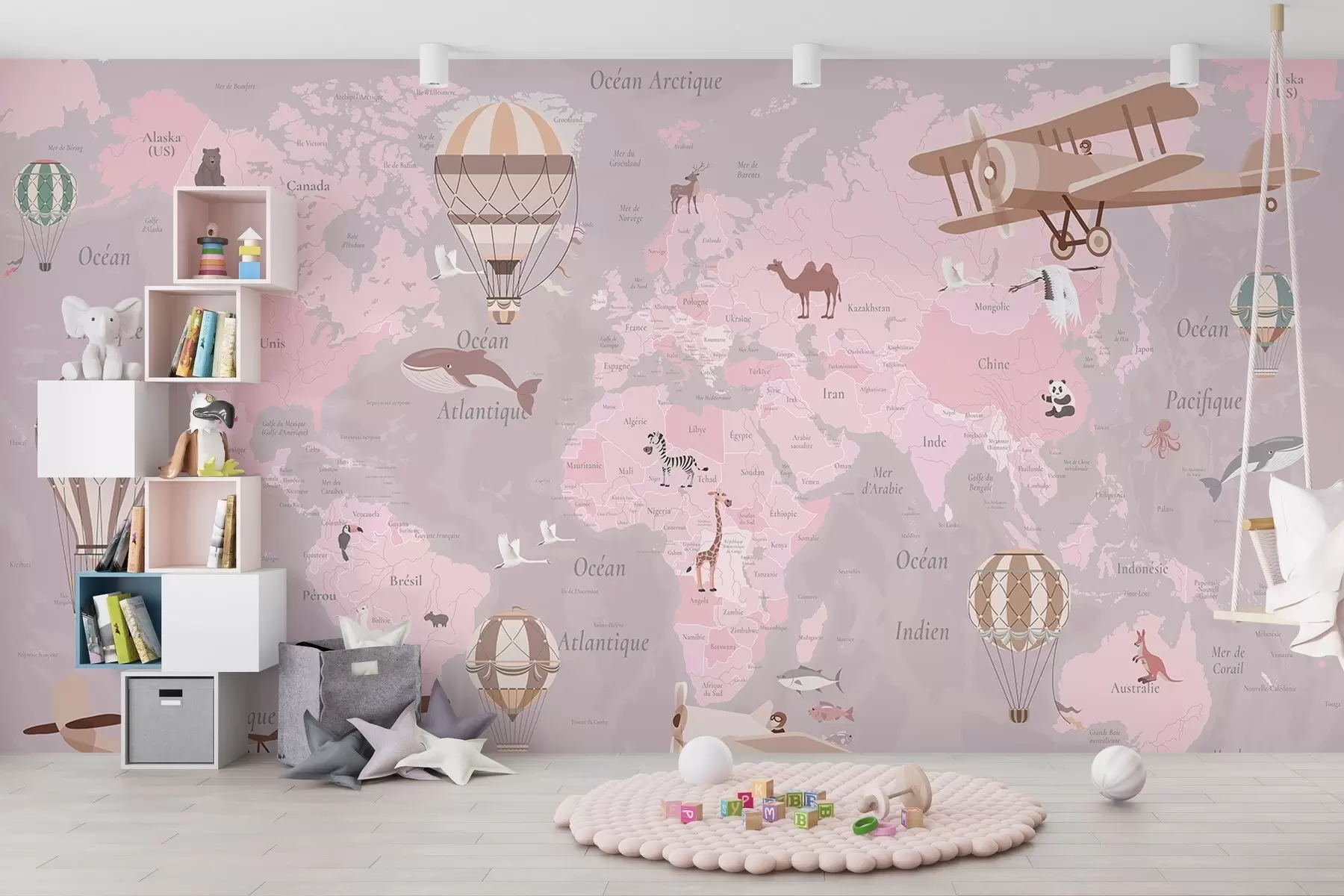 murais de parede Mapa-múndi para crianças com animais, aviões e balões de ar quente. Em francês. Cor rosa. c00003frv3