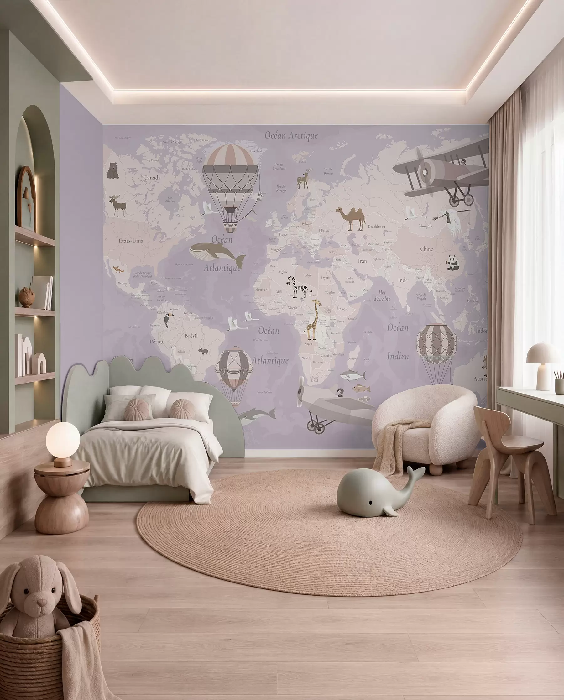 murais de parede Mapa-múndi para crianças com animais, aviões e balões de ar quente. Em francês. Cor roxa. c00003frv4