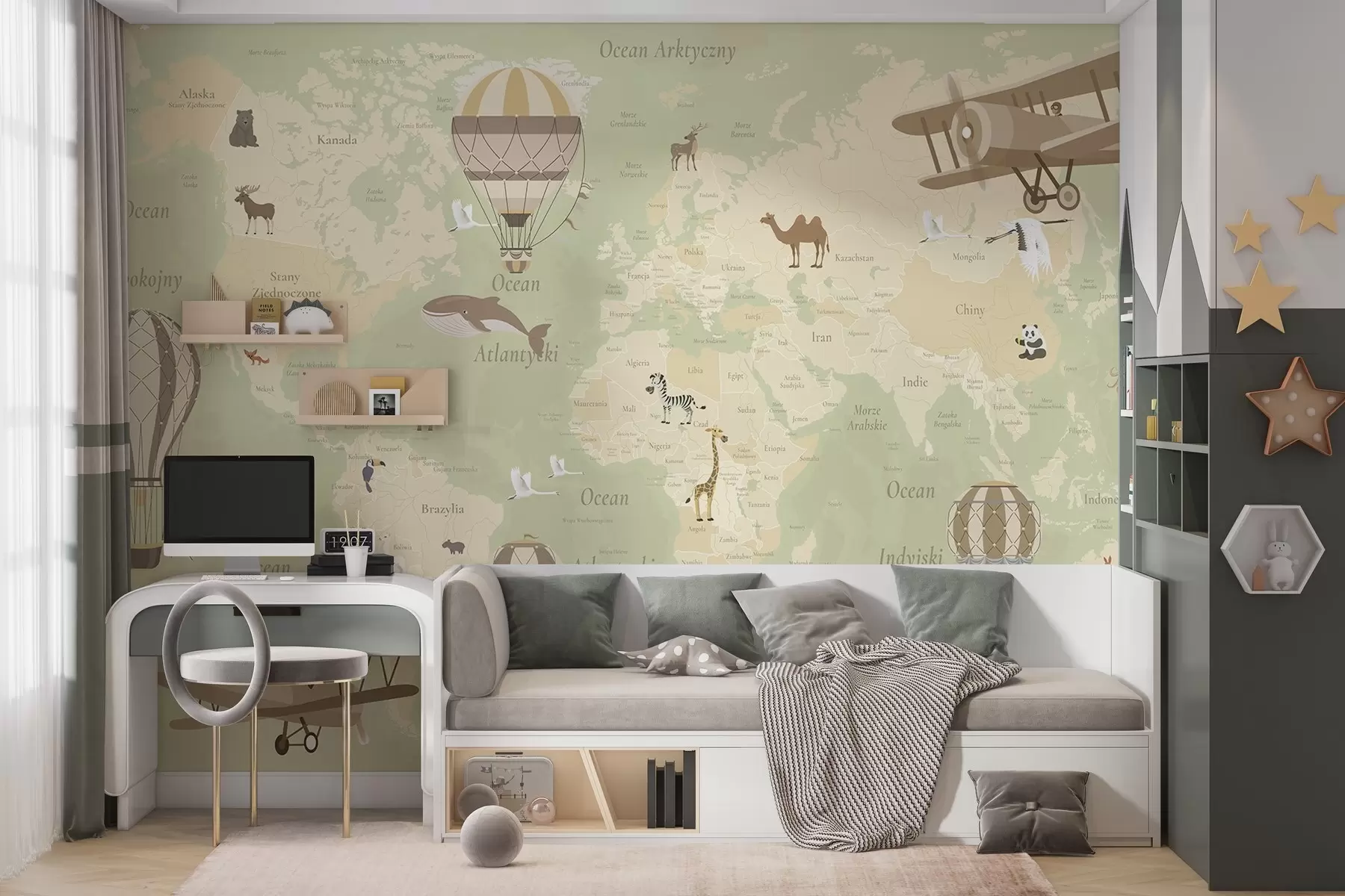 murais de parede Mapa-múndi para crianças com animais, aviões e balões de ar quente. Língua polaca. Cor verde. c00003plv2