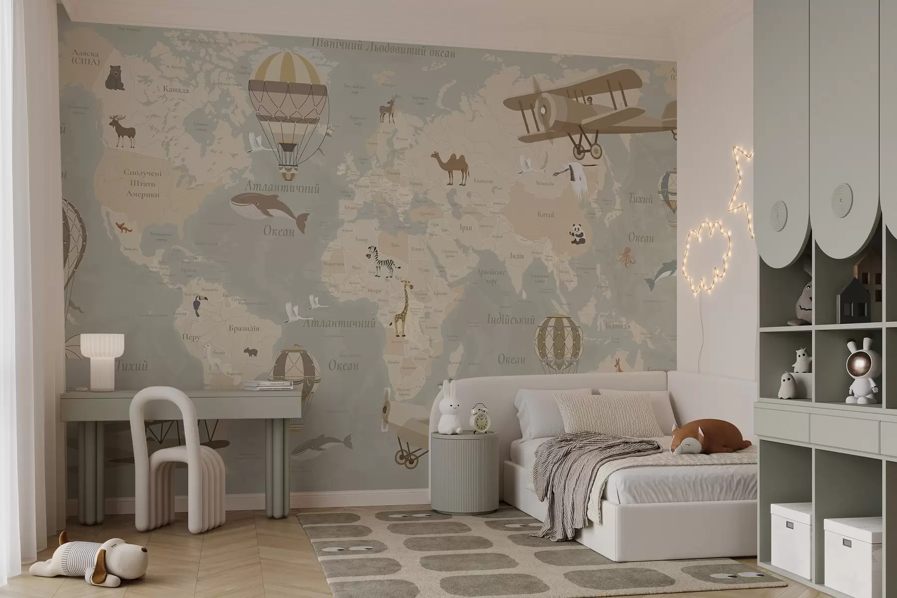 murais de parede Mapa-múndi para crianças com animais, aviões e balões de ar quente. Língua ucraniana. Cor bege. c00003uk