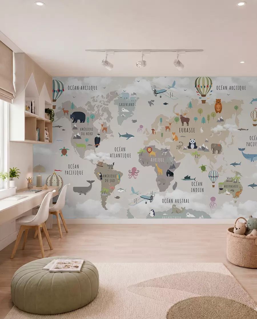 murais de parede Mapa-múndi para crianças com animais e balões de ar quente. Língua francesa. c00002fr