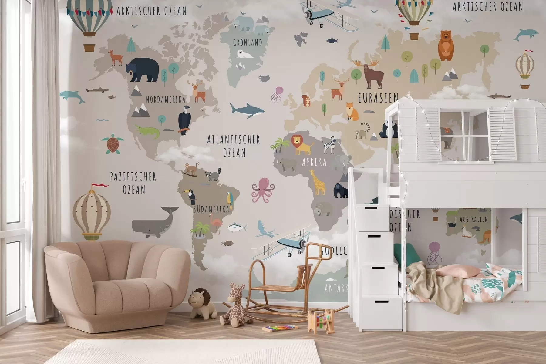 murais de parede Mapa-múndi para crianças com animais e balões de ar quente. Em alemão. c00002de