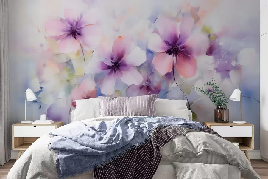 murais de parede Flores em aquarela primaveril em tons de rosa e roxo w09502