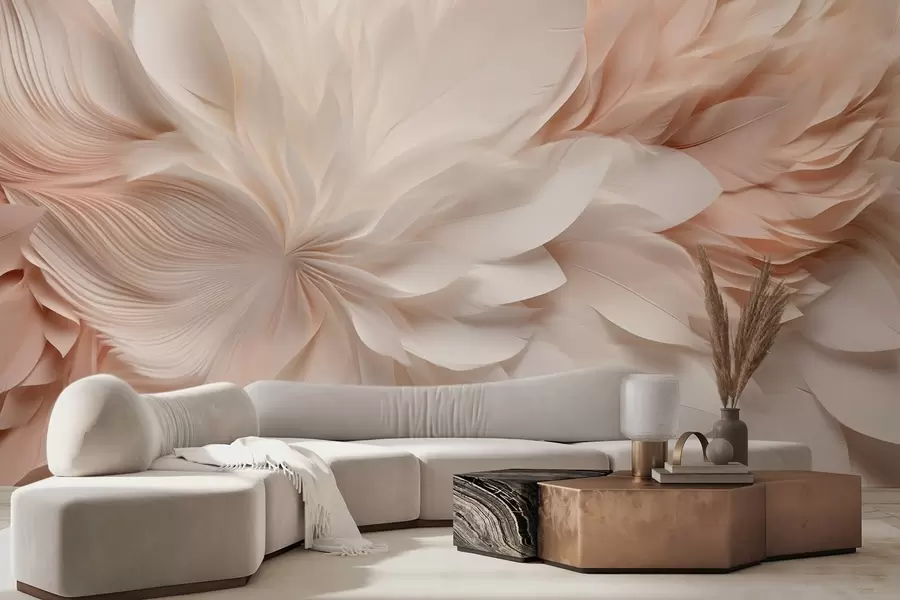 murais de parede Delicadas penas abstratas em movimento em tons de bege e creme w09509