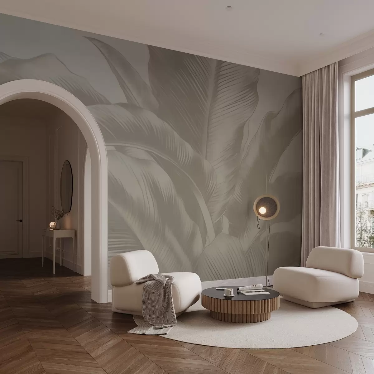 murais de parede Folhas longas, folhas de bananeira com efeito desgastado w04827v4